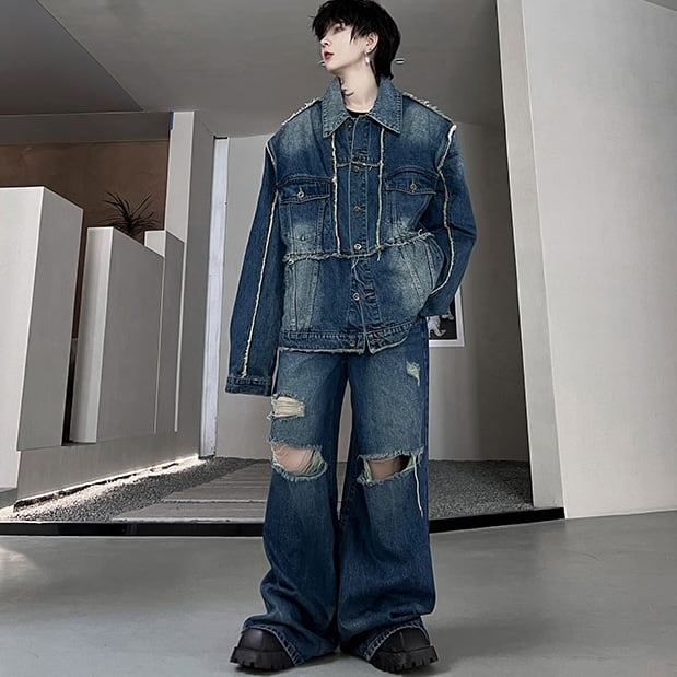 【予約販売】メンズ セットアップ メンズ デニム カジュアル ダメージ加工 ウォッシュ ブルー Gジャン こなれ感 韓国 ジャケット パンツ セット セットアップ ストレート トレンド M/L/XL