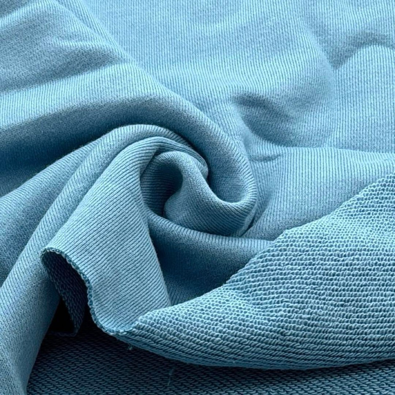 ★TC120◆3m◆綿100%丸仕上げ裏毛ニット生地◆サックス