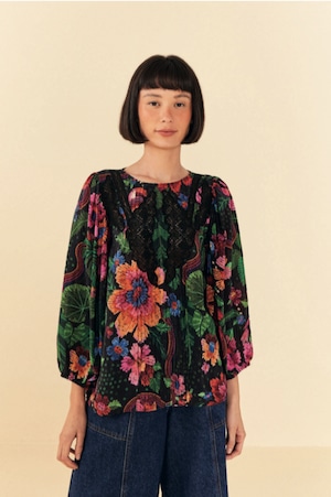 FARM RIO ファームリオ 2023 夏コレクション BLOOMING GARDEN BLACK BLOUSE