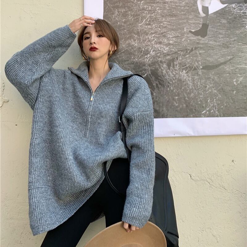 セーター ジッパーグレーニットスプリングルーズトップス 春物 ブラックストロベリース87416005402