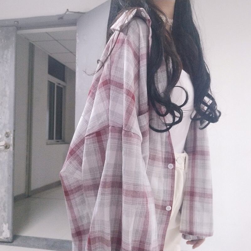 サマー薄手格子柄シャツ トップス カジュアルスプリングオータムシャツ ロング 春物 夏物 秋物 萌量不足46592771239