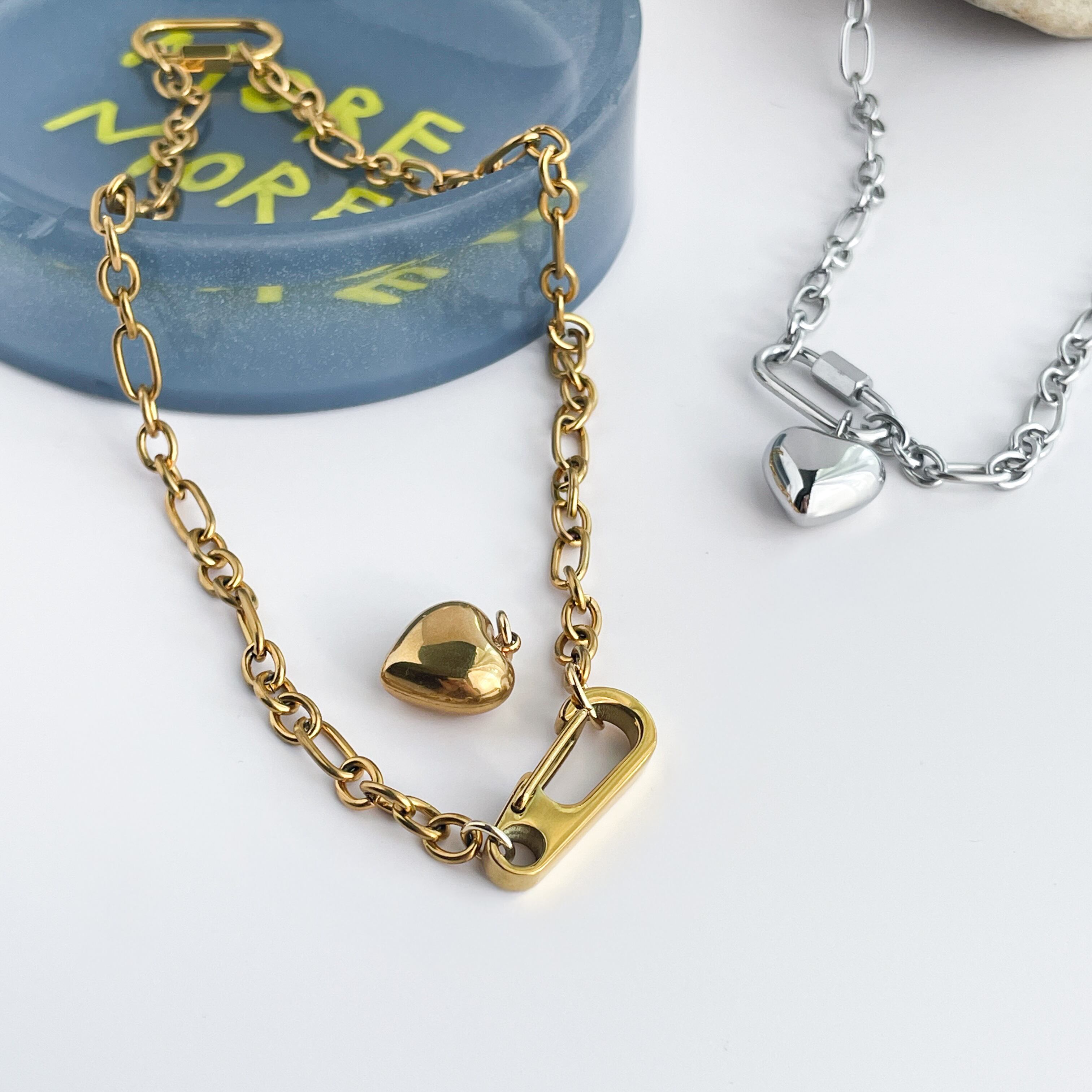 ハートチャーム&チャンキーチェーンネックレス ゴールド リニューアル