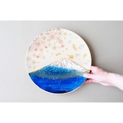 【飾り皿】青富士に桜 Ornamental plate for wall hanging