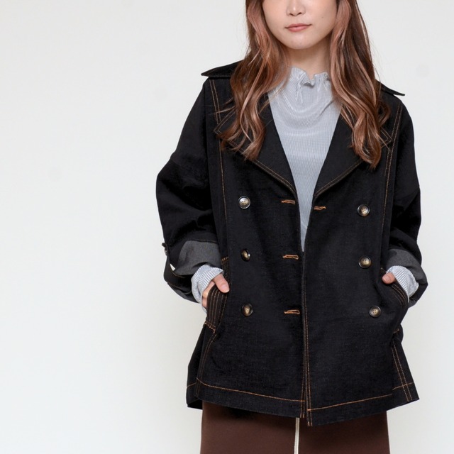【ストレッチ＆軽量】別珍デニムトレンチジャケット ‐ LEI-2478 ブラック ‐