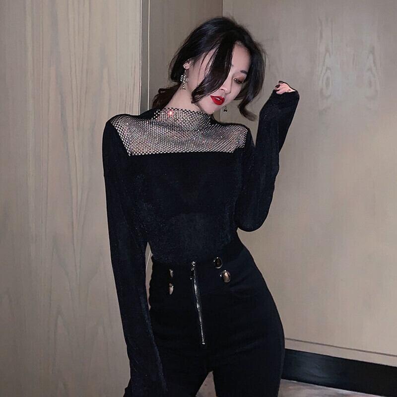 Tシャツ シャツ レディースオータムウィンタースタンダードプルオーバー ブラック ロング レトロ 秋物 冬物 ガールズファッション7182388243