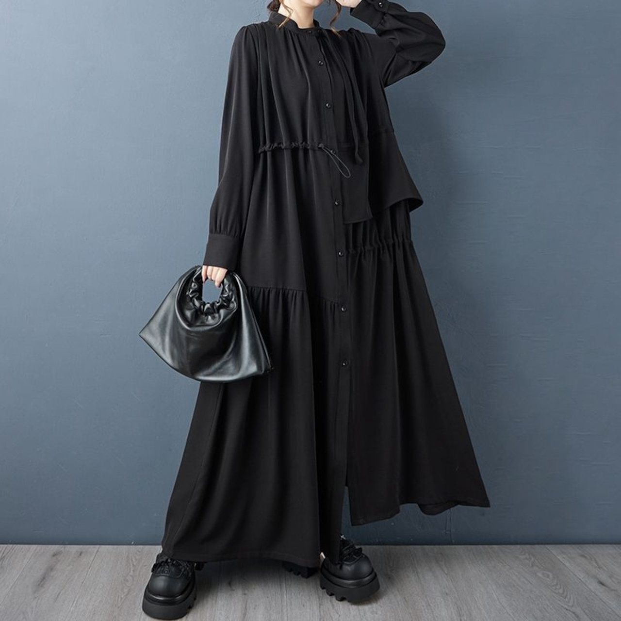 スタンドカラー ドレープ ワンピース 60043