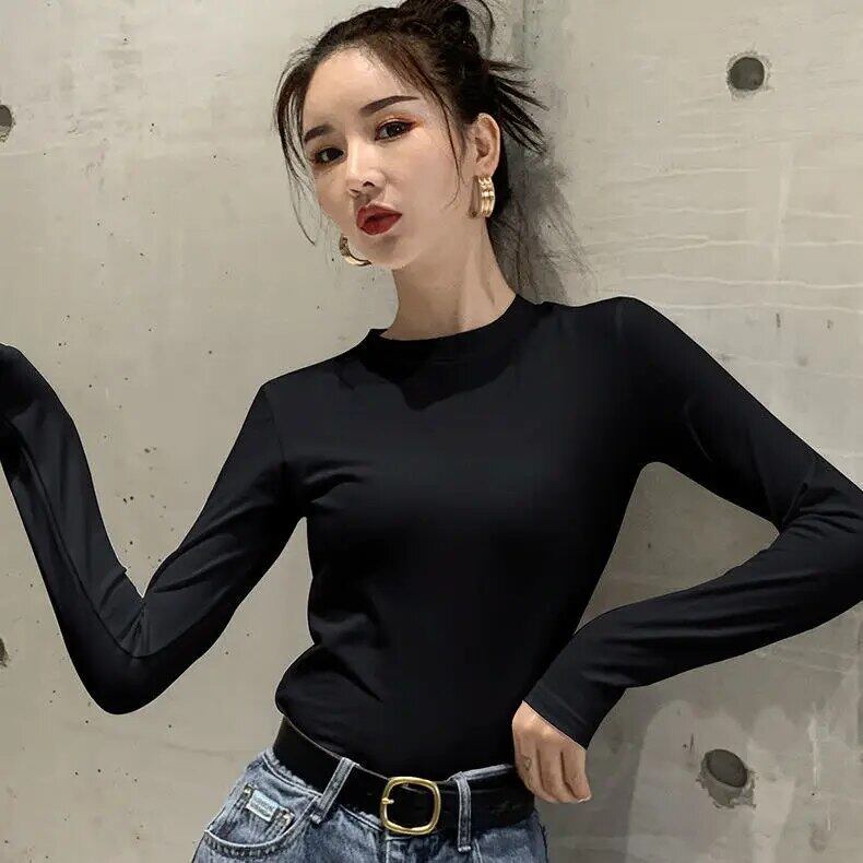 女性tシャツ女性のタートルネックタイトなトップ春、秋と冬長袖tシャツトップスmujer camisetas