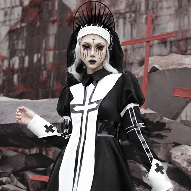 ゴスロリ通販 With U ゴシック ロリィタ BLOOD オリジナル ベール 修道女風 レース 十字架 暗黒 病み可愛い クール フェス 舞台衣装