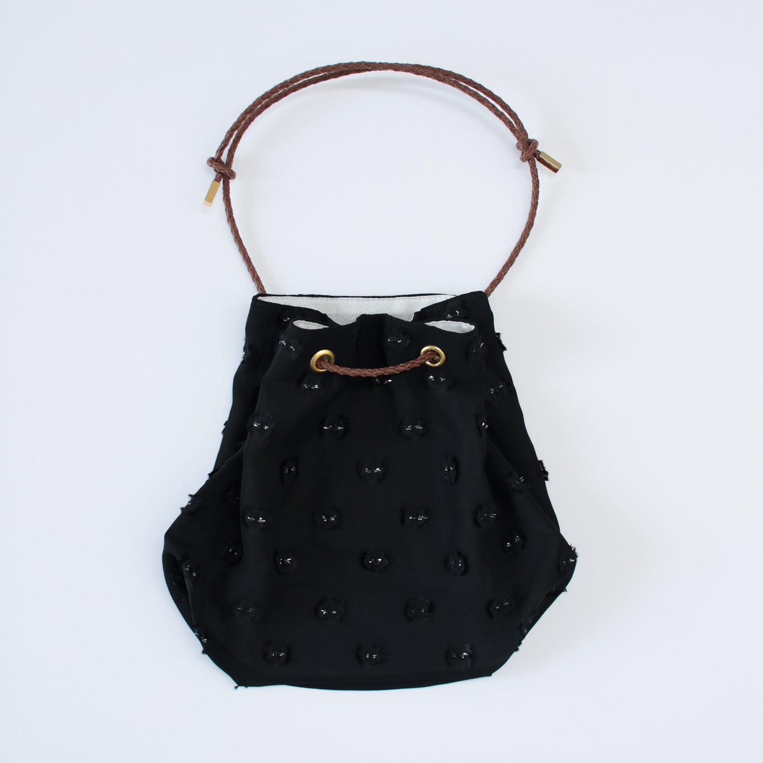Flower motif kinchaku bag -Black