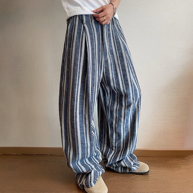 dannyandzeeストライプリネン混涼しいワイドパンツ | mblueshop