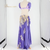 ベリーダンス オリエンタル 衣装 上下セット パープル系 クイーン Queen トップス スカート アーム アーム飾り 紫 鮮やか ラインストーン 花 上品 スリット 豪華 装飾 かわいい ダンス衣装 ステージ イベント インナーパンツ