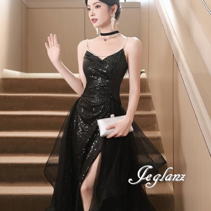 パーティ イブニングドレス スパンコール パール付き チュール