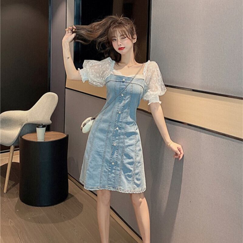 ワンピース カジュアル 半袖 ファッション デニム Aライン スクエアネック 重ね着風 配色 ブルー M L Dresszone