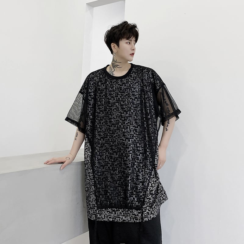 サブカル 服 地雷系 通販 メンズ モード系 トップス 半袖 シャツ レース レイヤー シアー 英数字柄 ルーズカジュアル ブラック