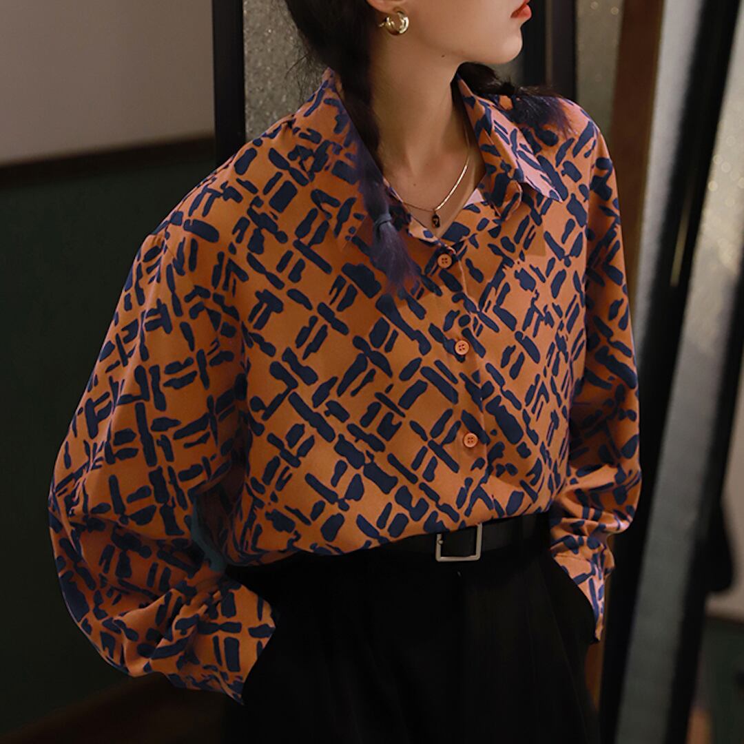 柄シャツ 長袖 レトロ 総柄 シフォン生地 オレンジ [A1550] | mirucop 