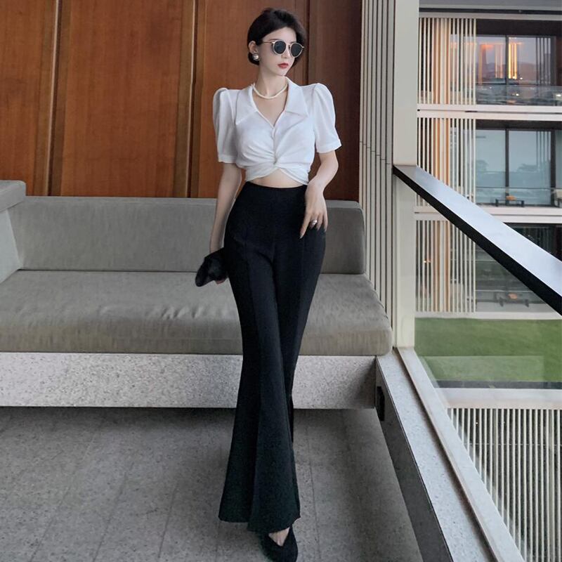 スタイルスタンダードVネックスリーブシャツ ハイウェストウェストパンツ レッド レトロ ハンチェンe68516057972