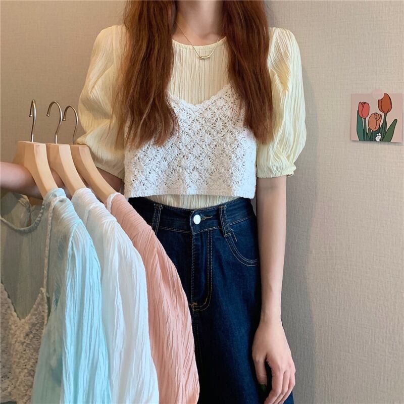 サマーVネックスリーブシフォンシャツ 大人ガーリー スウィート キュート カジュアル 夏物 ハンチェンe80781552305