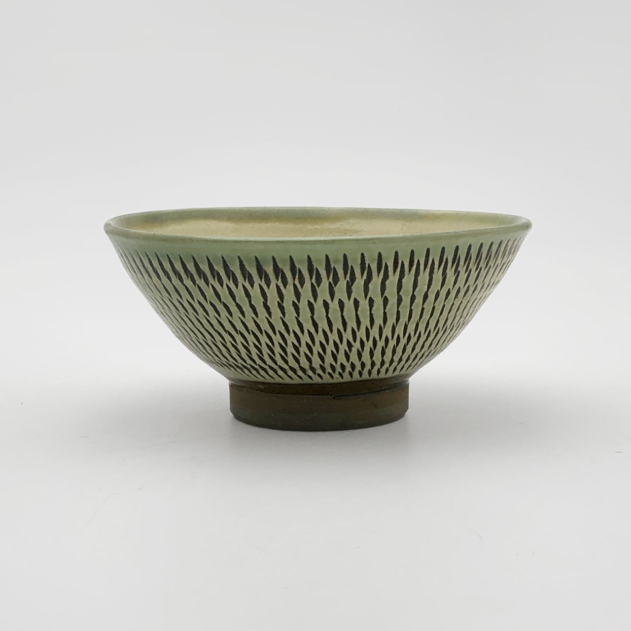 小鹿田焼 小袋窯 4寸2分飯碗 飛びかんな 緑 直径約12.5cm 陶器 和食器
