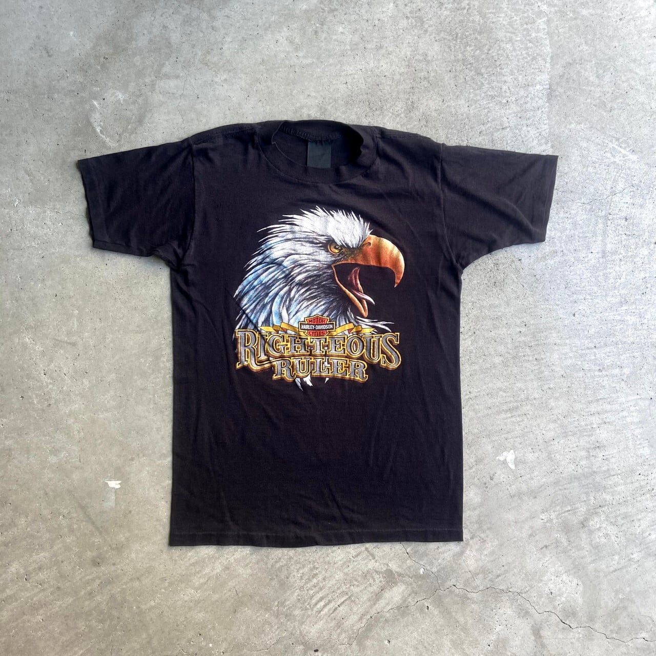 80年代 Harley-Davidson ハーレーダビッドソン3D EMBREM フロントロゴプリント Tシャツ レディースS相当 古着 80s  90s ビンテージ ヴィンテージ モーターサイクル バイクTシャツ イーグル ブラック 黒 【Tシャツ】【SA21073】 | cave