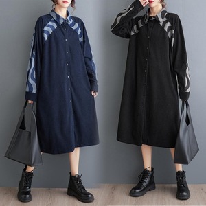 大きいサイズ 新品 秋冬 シャツワンピース ロング Aライン 切り替え 波柄
