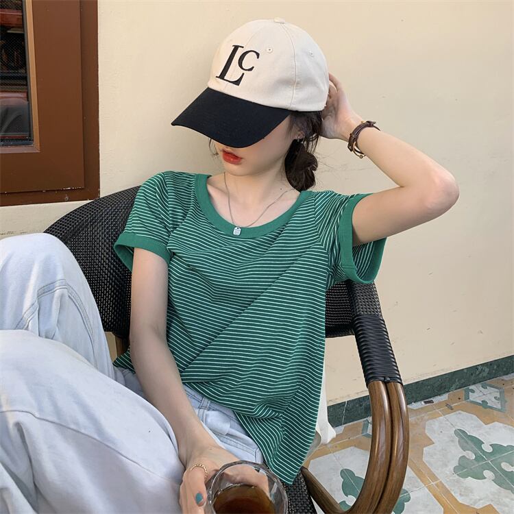 サマールーズストライプラウンドネックTシャツ 夏物 Oネック モンロー56411846171