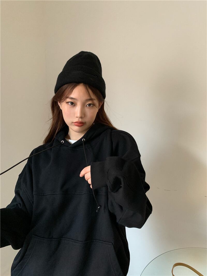 セーター レディースルーズブラックフードトップス スプリング 春物 ブラックストロベリース29929920725