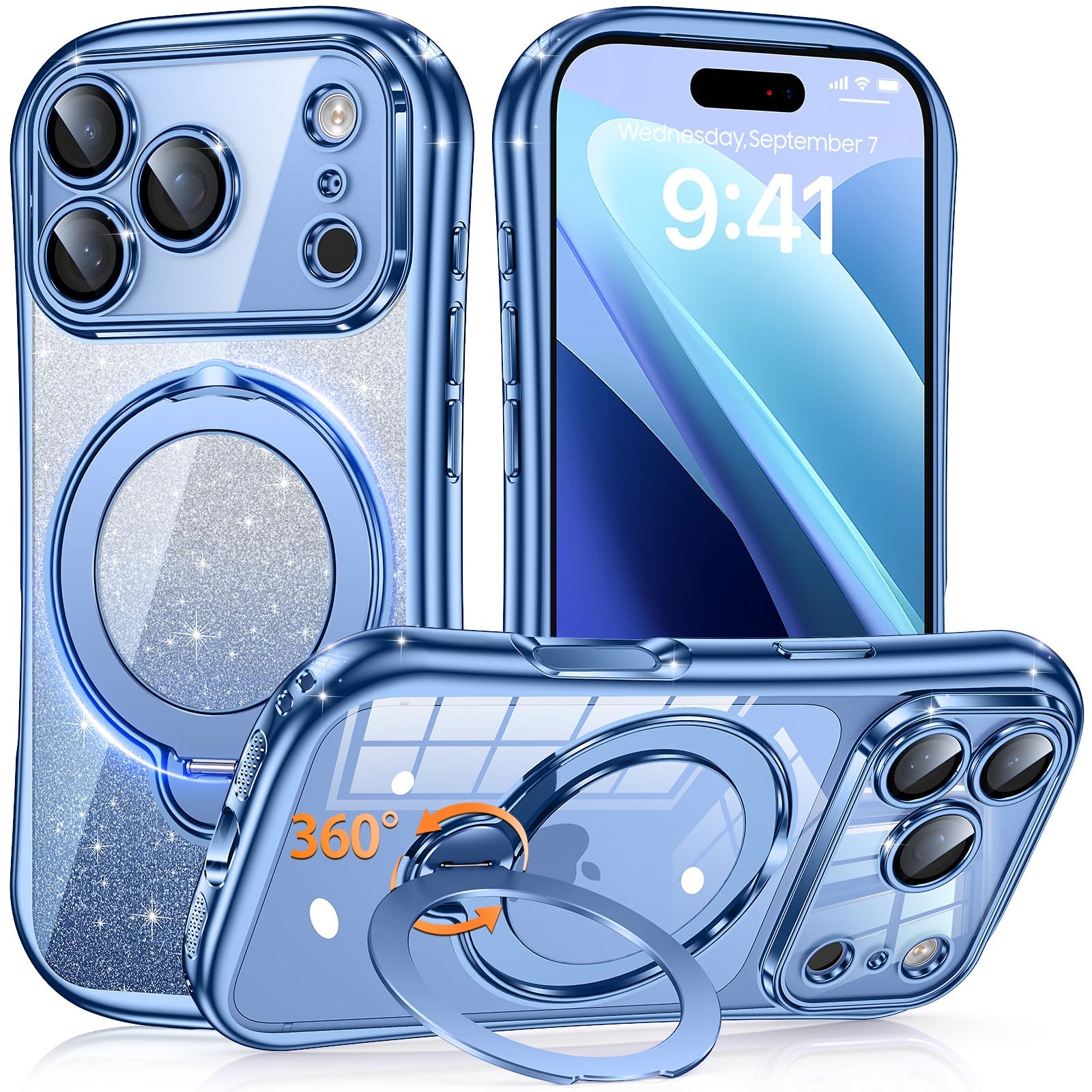 iPhone 18 Pro / 17 Pro 用 ケース MagSafe対応 360°回転スタンド ラメ入りシート付き レンズ保護【グレイシャー】