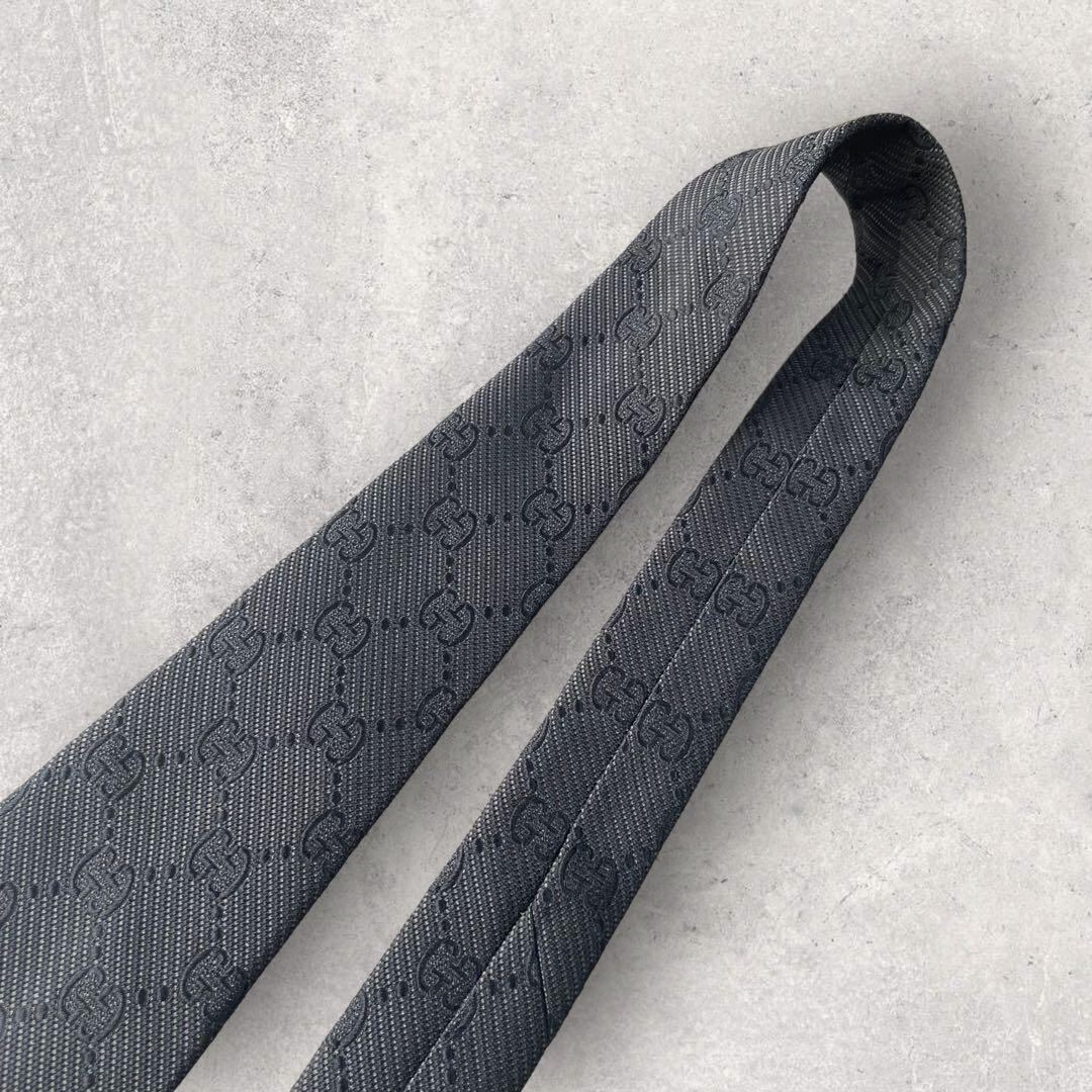 美品 GUCCI グッチ GG柄 ジャガード ネクタイ チャコールグレー シルク