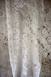 フランス 222c アールデコ的花々のあるロングレースカーテン アンティーク