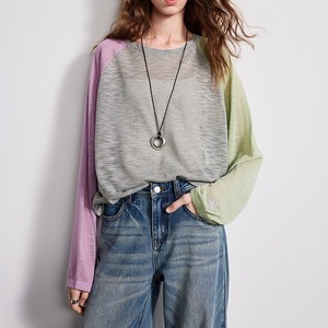 Loose Asymmetric Contrast Sleeve Top / ルーズ アシンメトリック コントラスト スリーブ トップス