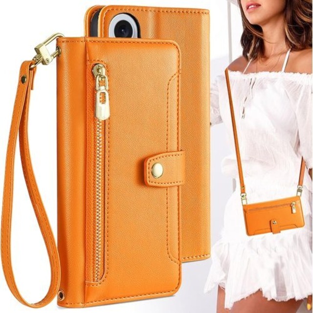 適用 iPhone 16 Plus ケース 手帳型 アイフォン 16 プラス ショルダー ポシェット アイホン 16 プラス スマホケース ストラップ 長+短 2本 iPhone16Plus 手帳ケース 携帯ケース BonwFzin カード収納 バッグ マグネット スナップ 肩がけ 首掛け 斜め掛け ファスナー 耐衝撃 ストラップ付き スタンド カード カード入れ オレンジ 2825