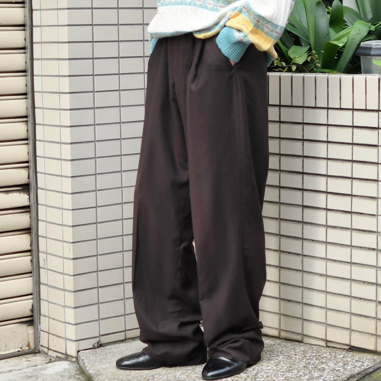 stripe wide slacks brown
