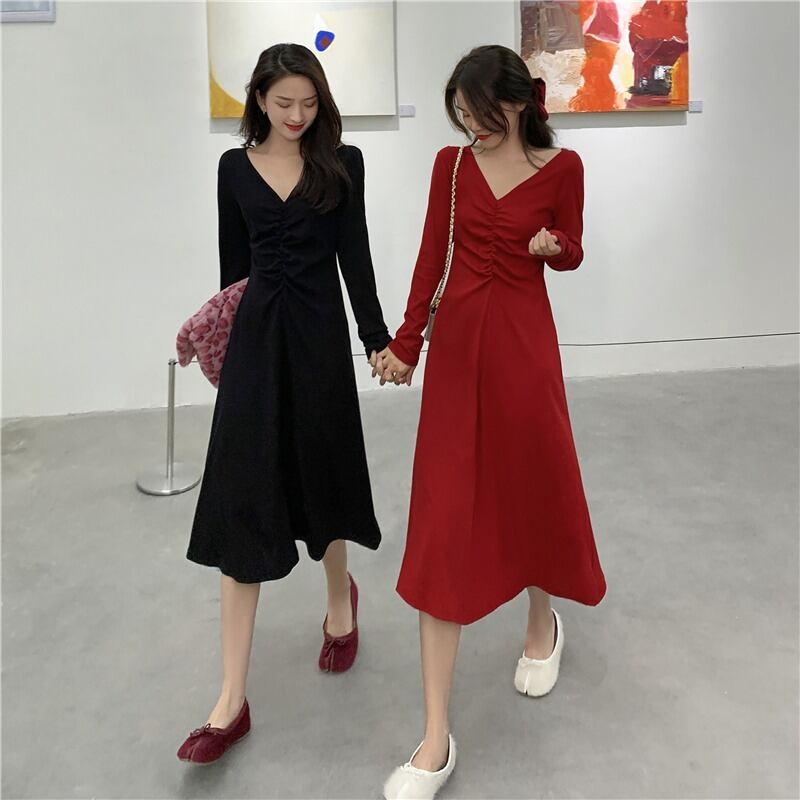 スプリングレッドVネックスリム薄手ドレス レディース 春物 YY-ファッション37722420671