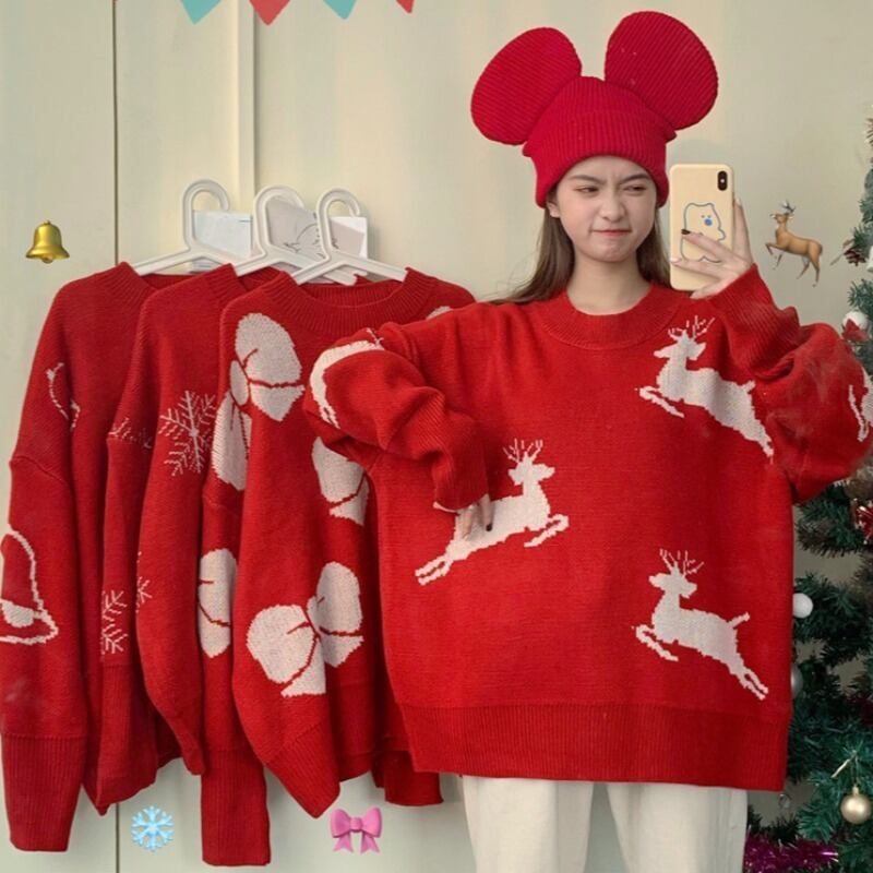 レッドルーズセーター レディースフードプリント柄トップス YY-ファッション67665981205