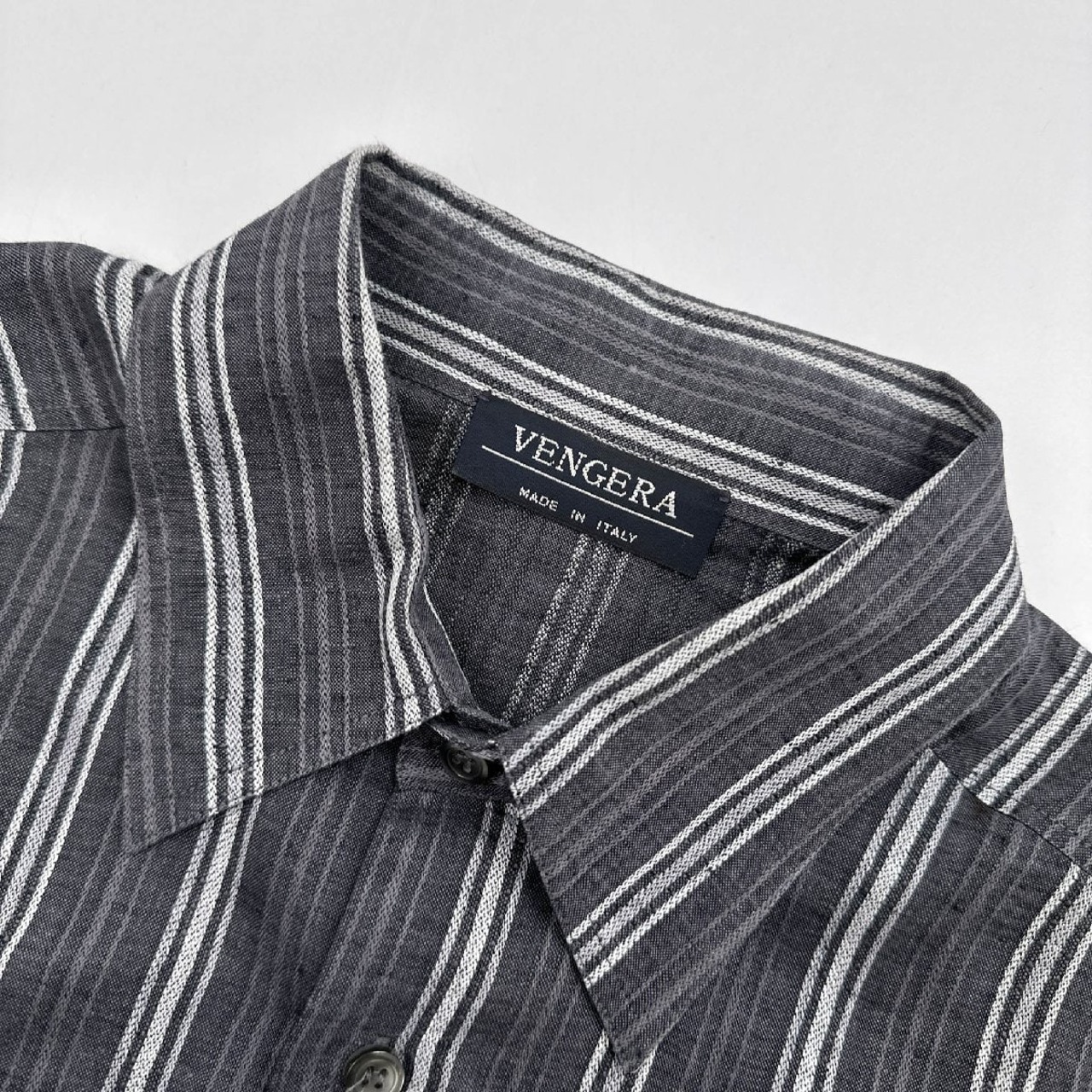 イタリア製◆麻100%◆VENGERA ストライプ柄 半袖 リネン シャツ BOX丈 /グレー/メンズ/オーバーサイズ/オールド/ビンテージ