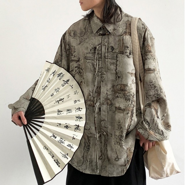 サブカル系 中華風結びボタン長袖シャツ 風景画風総柄デザイン｜天使と悪魔