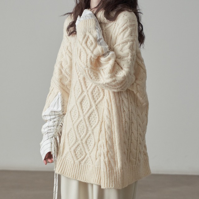 cable-knit shirt-docking oversized knit　J00448