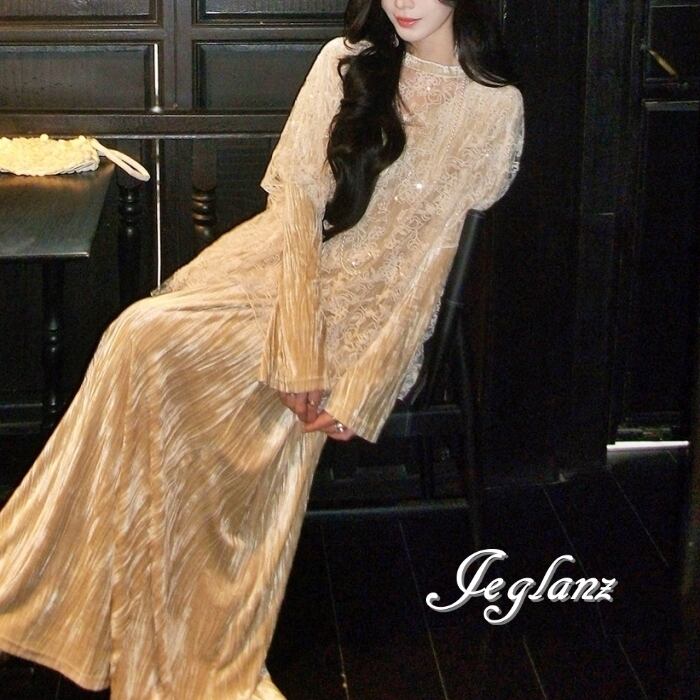 美ライン パーティ ドレス マキシ 長袖 ワンピース 光沢感 ♪(MD821)ζ