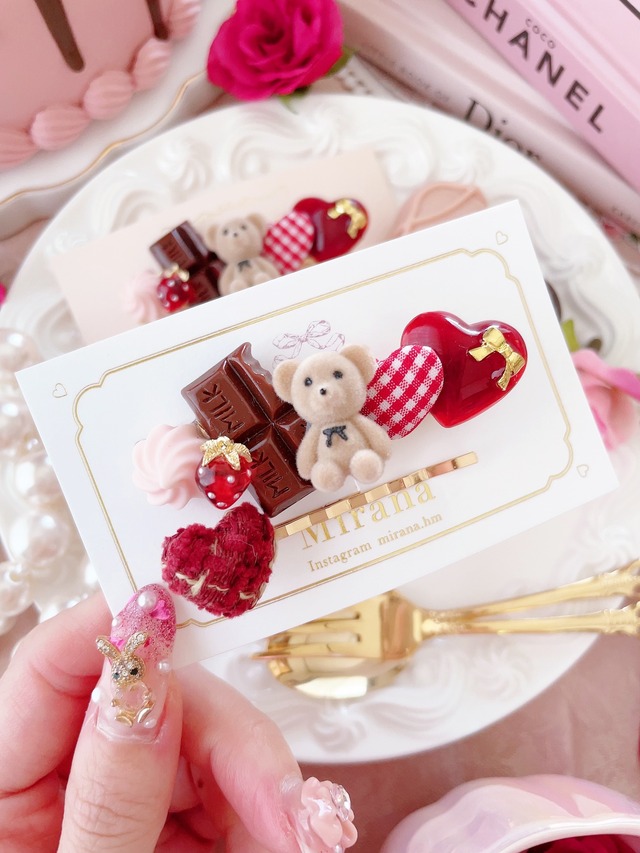 Strawberry chocolate teddy bear hair clip set