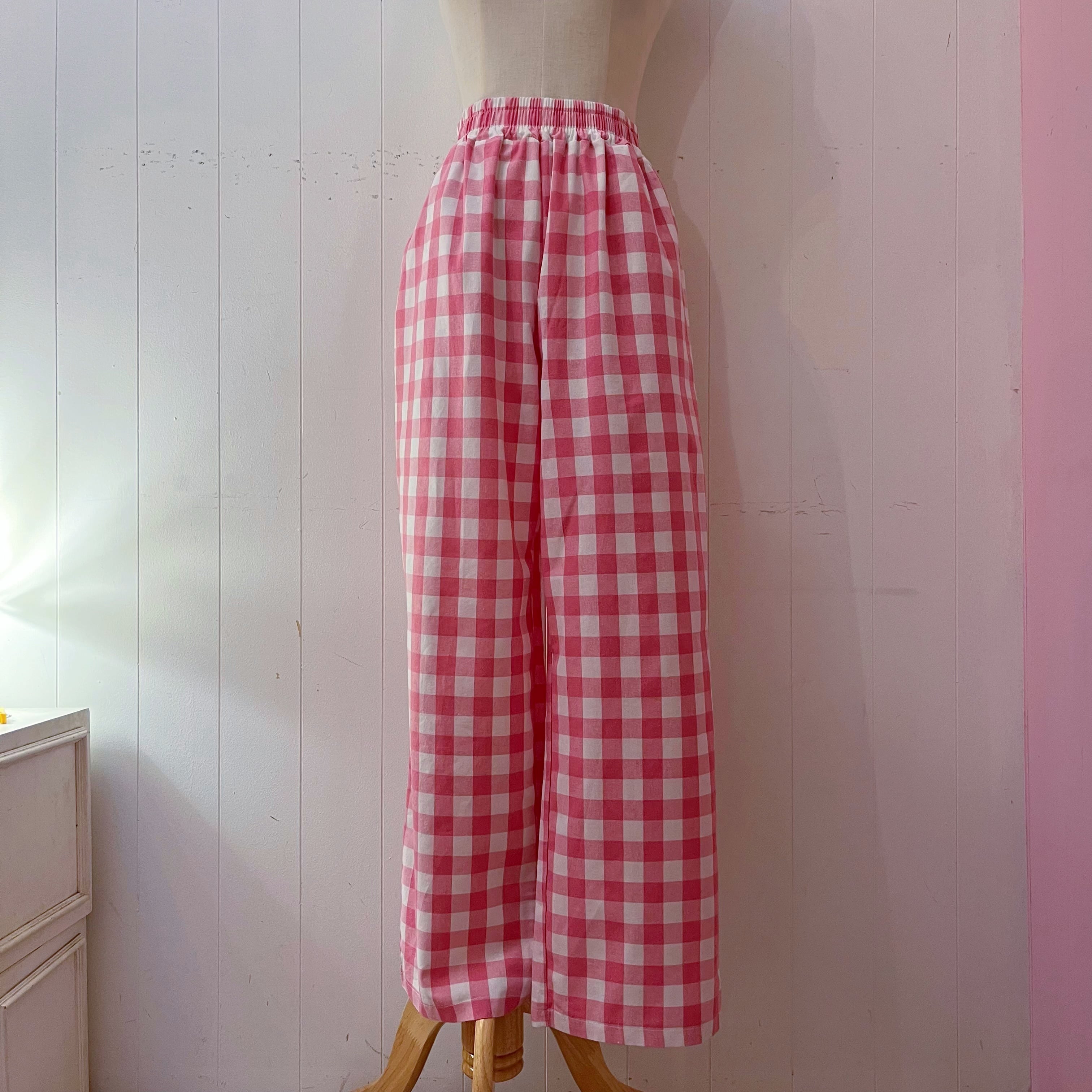 pink block check pants