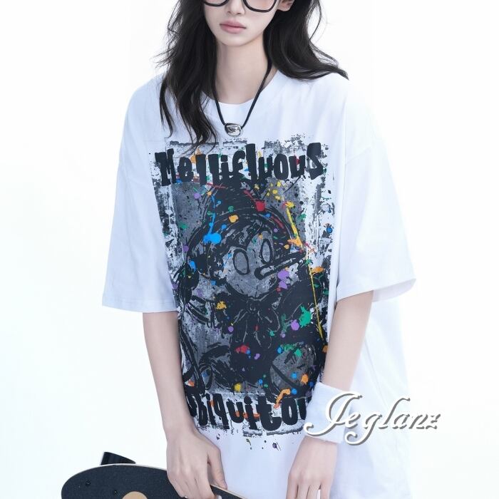 2色 グラフィック ロゴ Tシャツ ロンT ルーズ ユニセックス(MC507)β