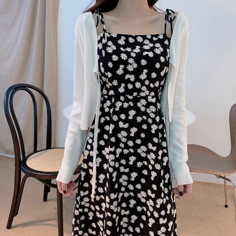 夏のミドル丈サスペンダーワンピースレディース長袖カーディガンジャケットYujieHepburnスタイルツーピーススーツ 1号婦人7754894706