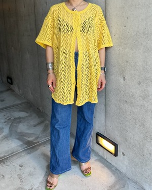 80s lemon yellow crochet knit