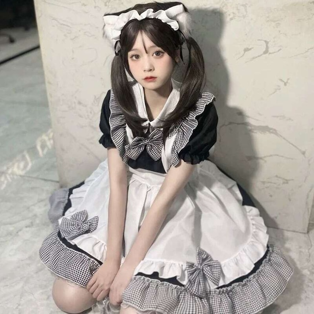 メイド服 ペプラム チェック柄 Lolita ボウタイ ブラック S M L XL 2XL