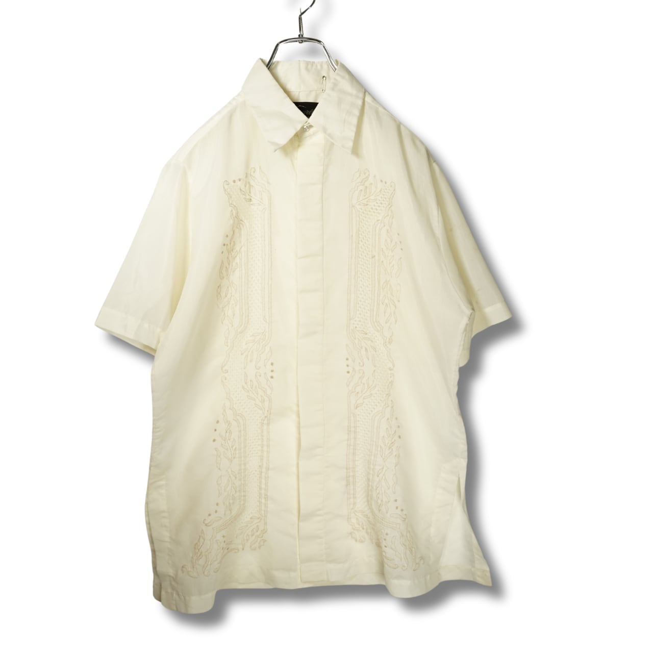 刺繍シャツ 古着 花柄 すかし ホワイト 白 デザイン PA228