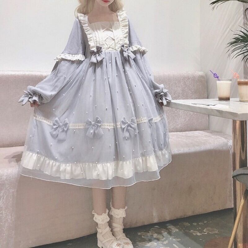 M0318 ロリータ ワンピース 長袖 秋冬 手縫い かわいい ライトブルー チュール Magicspice
