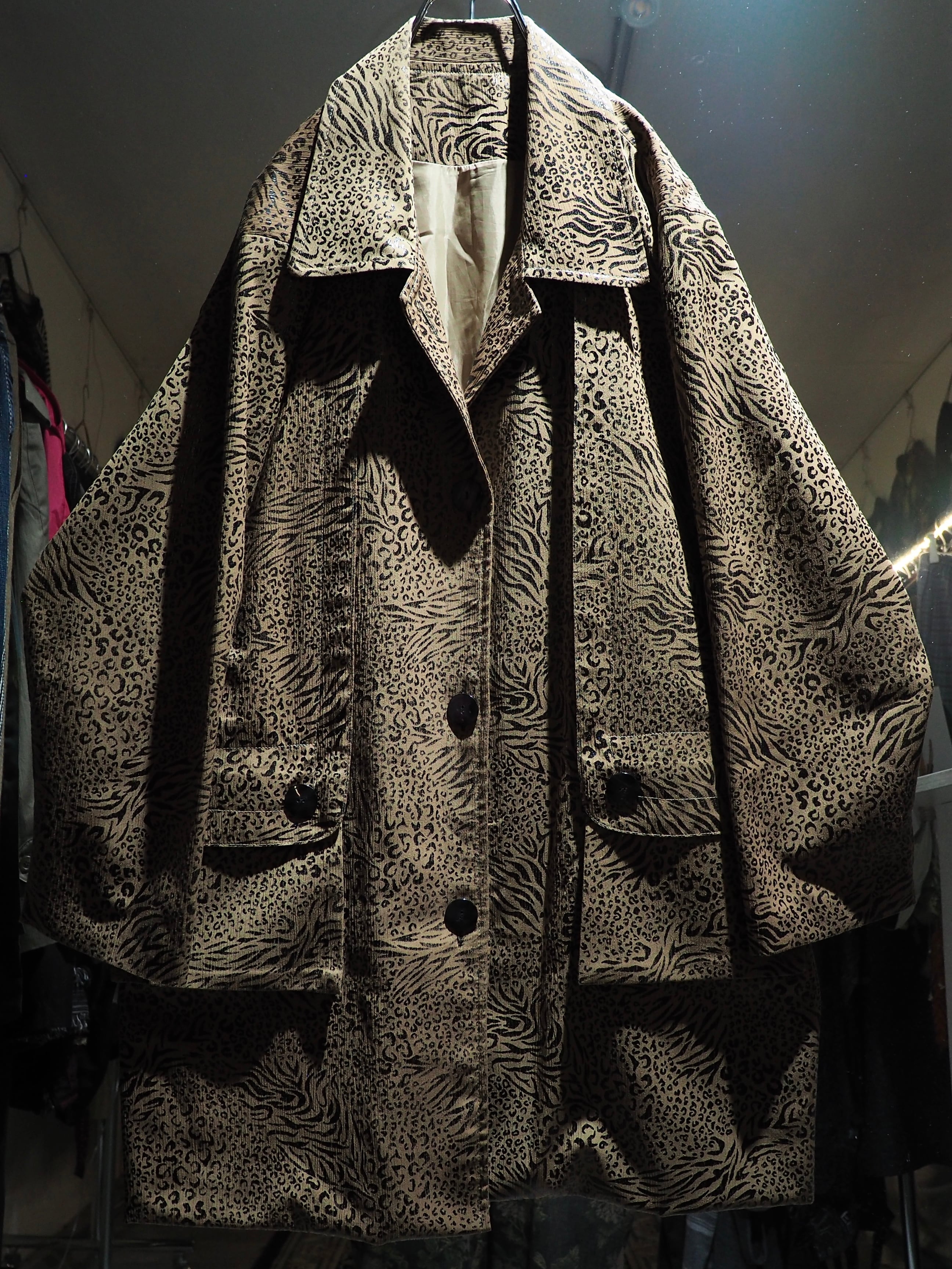 1990s Pleats line × Animal pattern coating vintage loose half coat jacket
