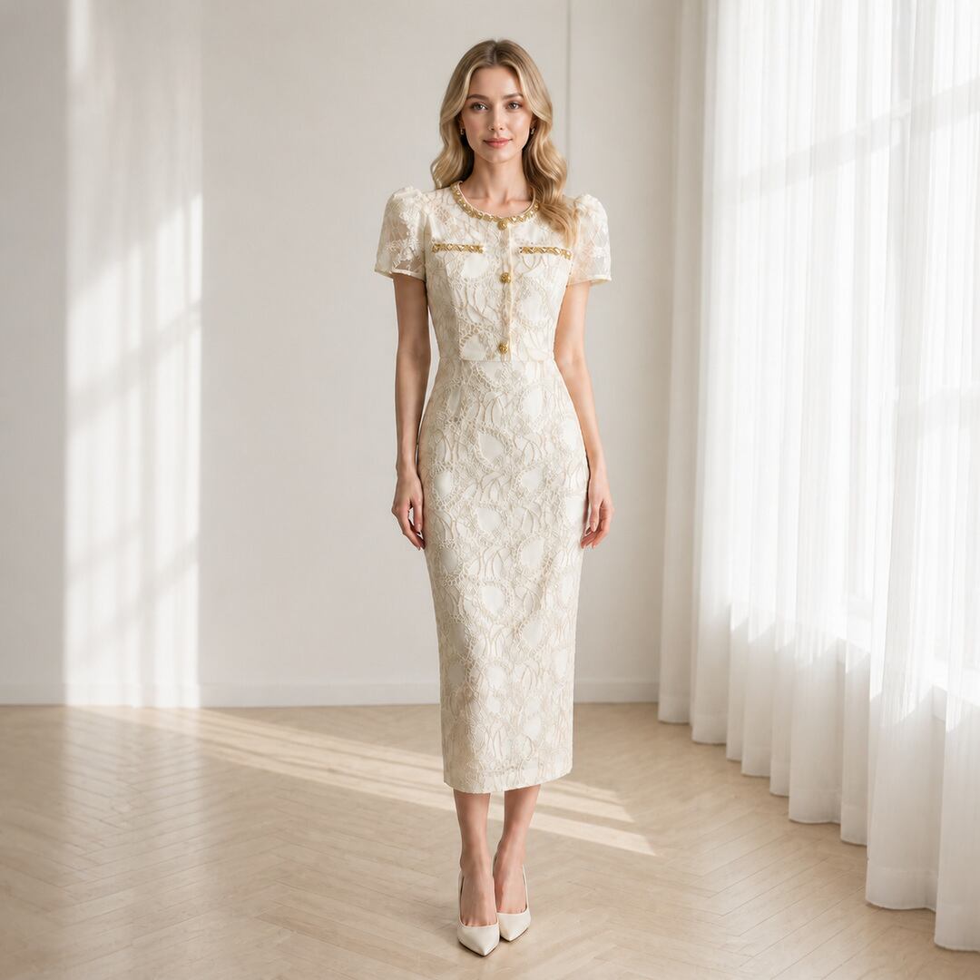 Gold Button Decorated All Lace Pencil Dress V3463