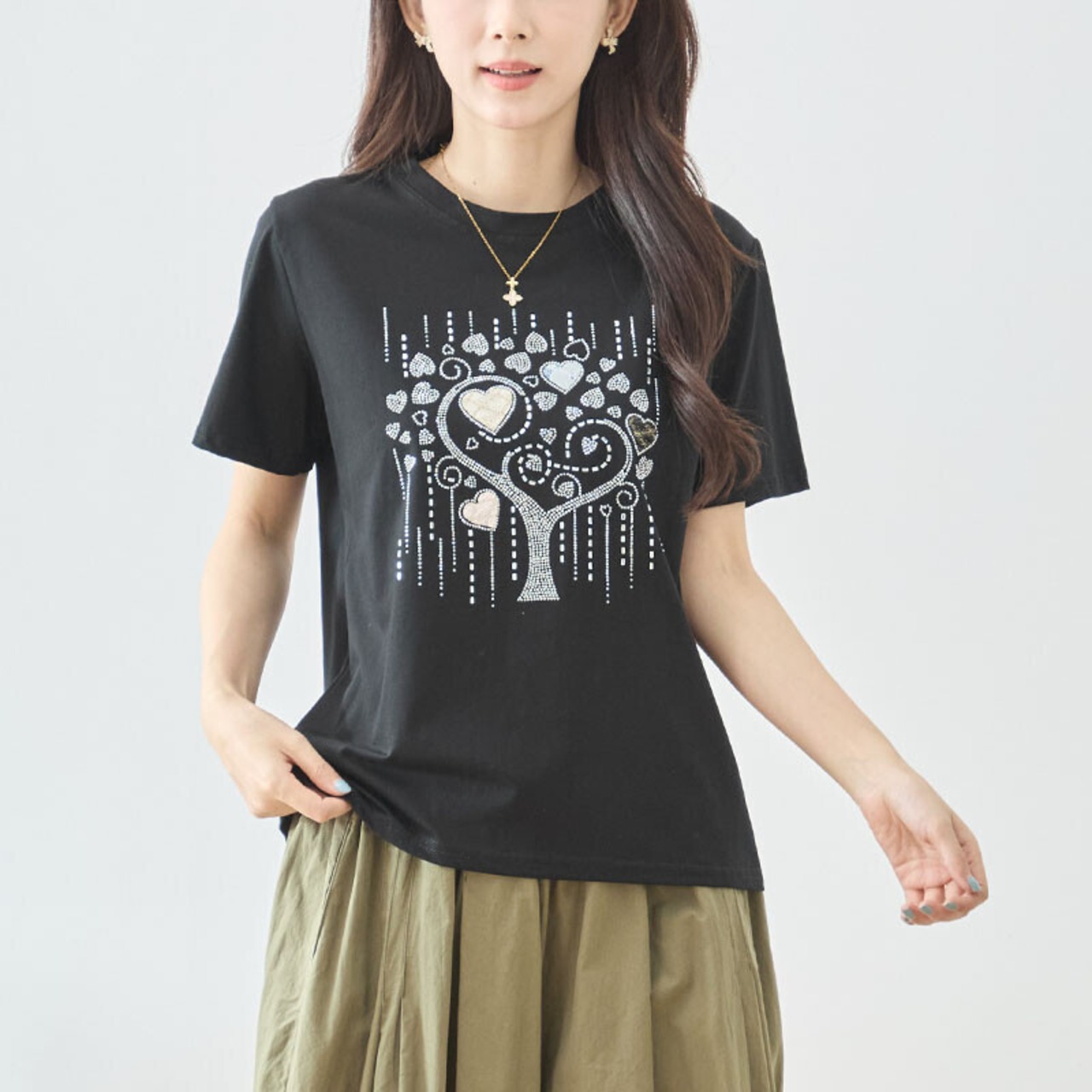 TRUBE ラインストーンハートモチーフ半袖Tシャツ【M~L】ブラック