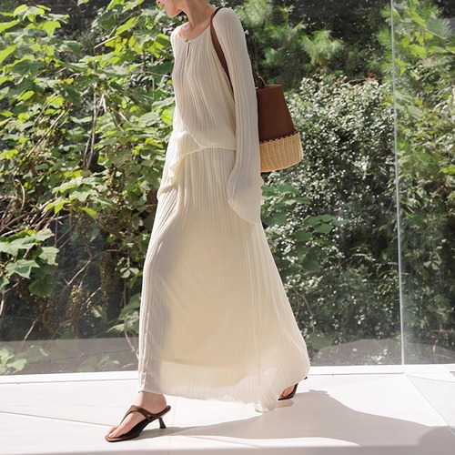 【2点セット】テクスチャーリブトップス+ロングスカート ・19743